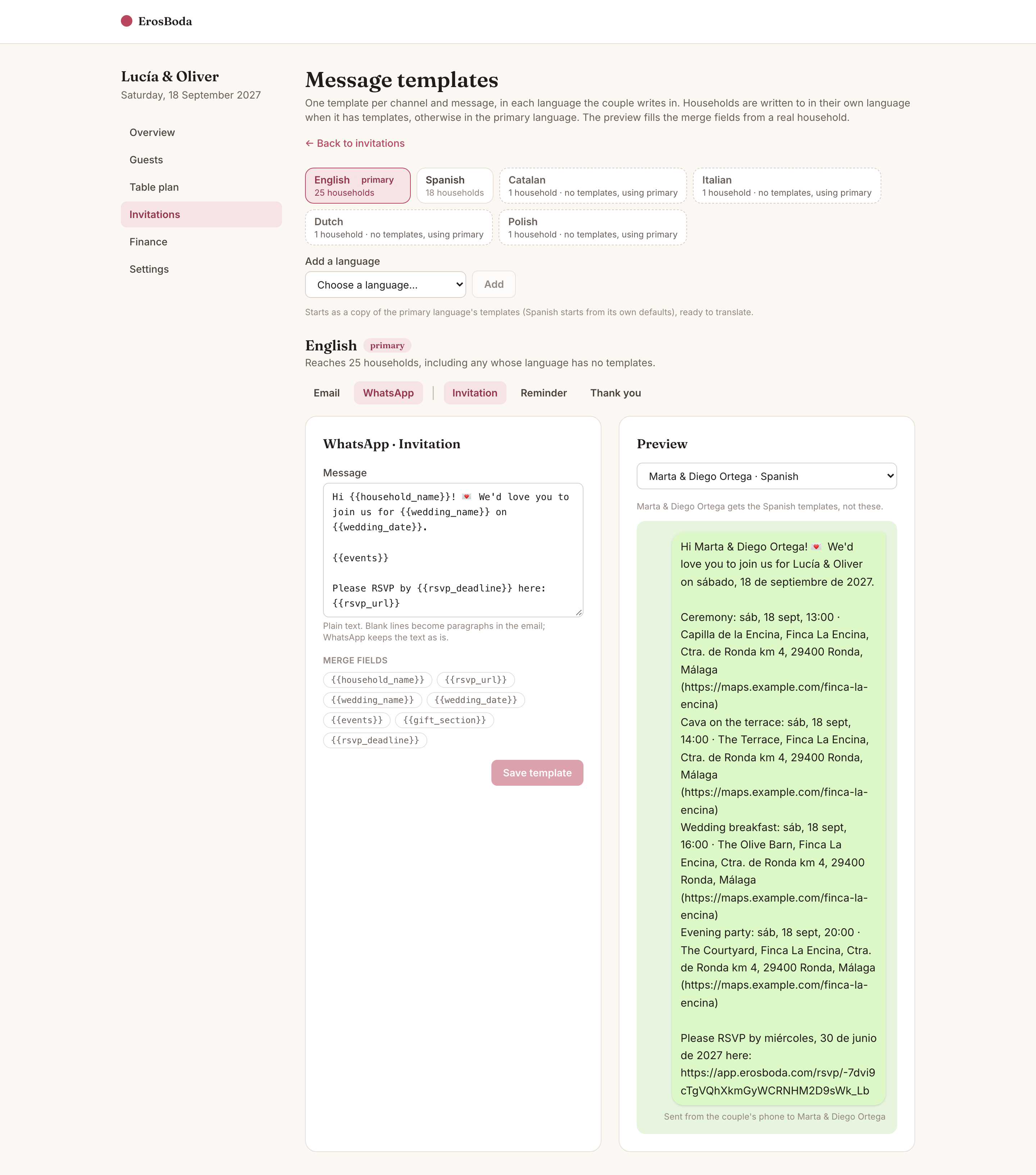 The message templates editor with a WhatsApp invitation and a live preview filled in for a real household.
