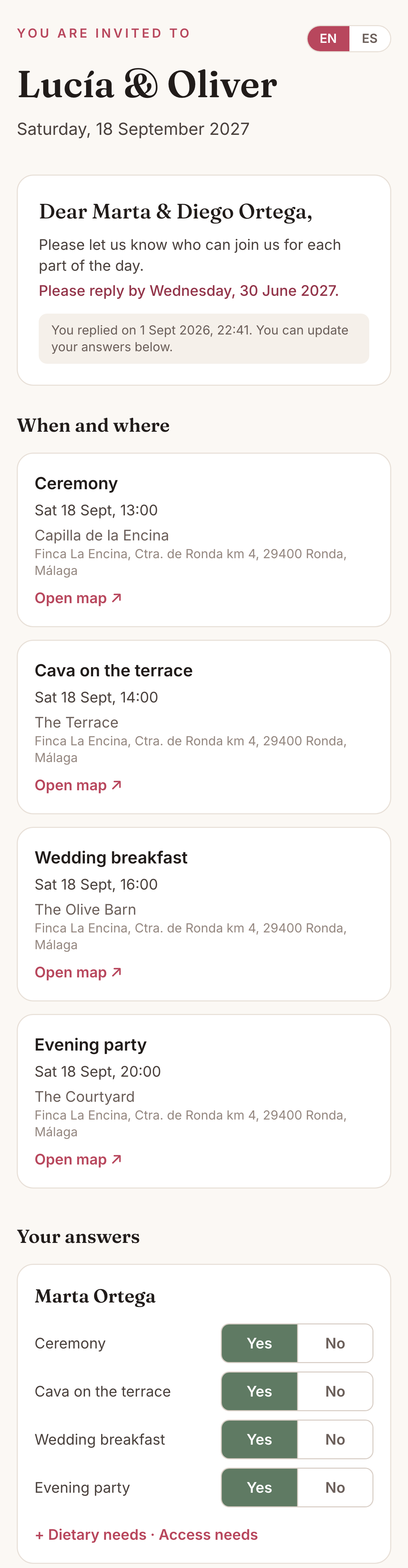The RSVP page on a phone: the invitation, the parts of the day, and yes or no buttons for each guest.